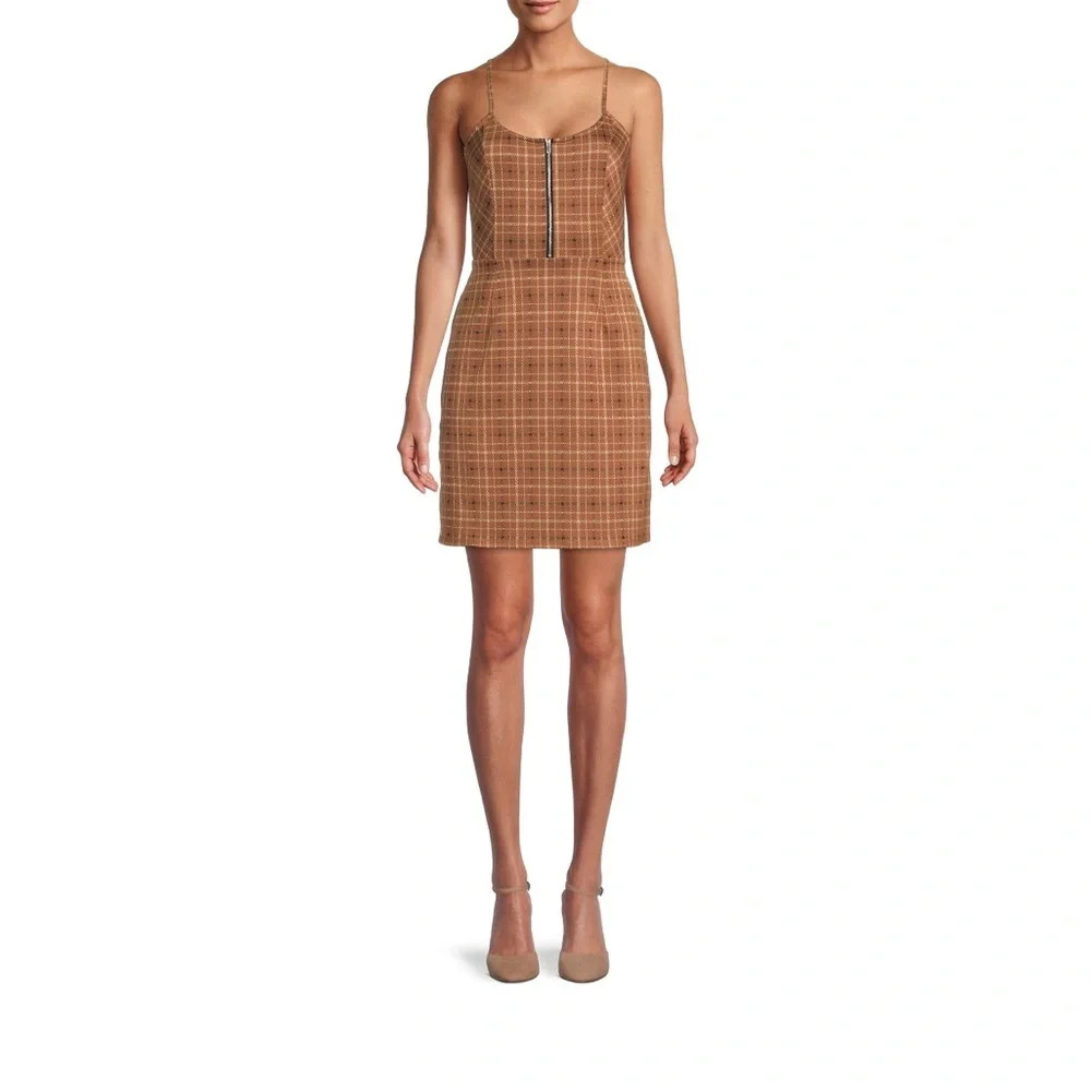 💛 No Boundaries Juniors' Sleeveless Brown, Black, Beige, Plaid Dress XXL (19)